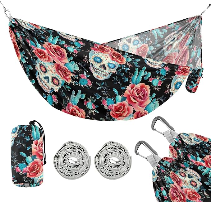 Camping Hammock Outdoor Hammocks for Outside Skull Rose Cactus Beach Trees Portable Lightweight with Pockets Tree Straps Indoor