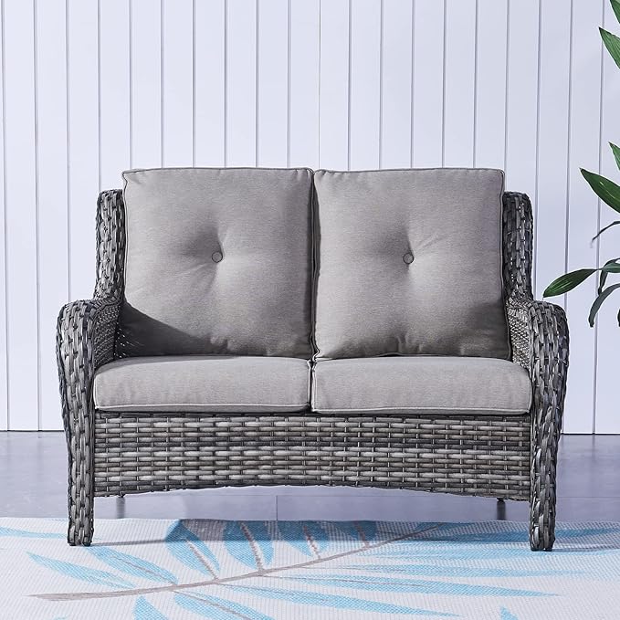 Rilyson Outdoor Loveseat Wicker Patio Sofa - 2-Seat Rattan Outdoor Couch Patio Furniture with Deep Seating and Comfortable Cushions for Outside Porch Deck Balcony(Mixed Grey/Grey)