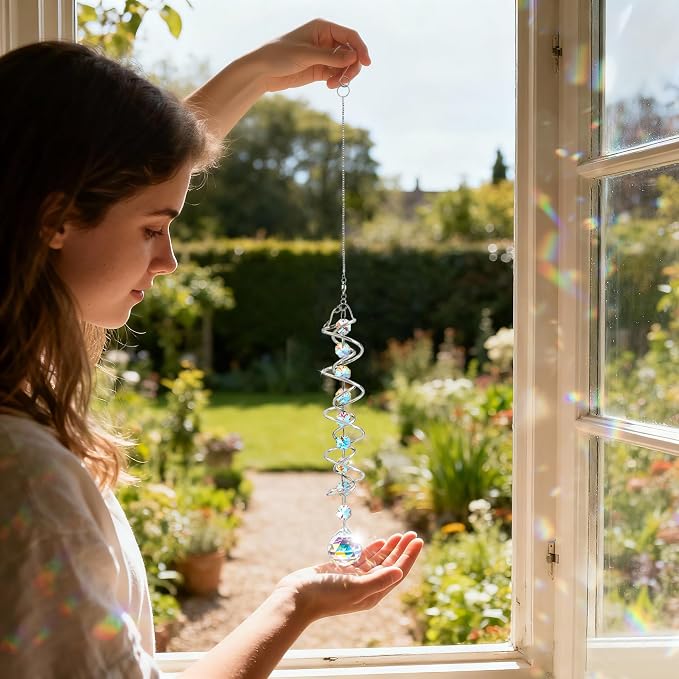20.5in Crystal Gazing Ball Spiral Wind Spinner Garden Decor | Colorful Crystal Suncatcher with Octagonal Beads Spiral Tail Rainbow Maker Hanging for Indoor Outdoor Garden Patio Yard Decor