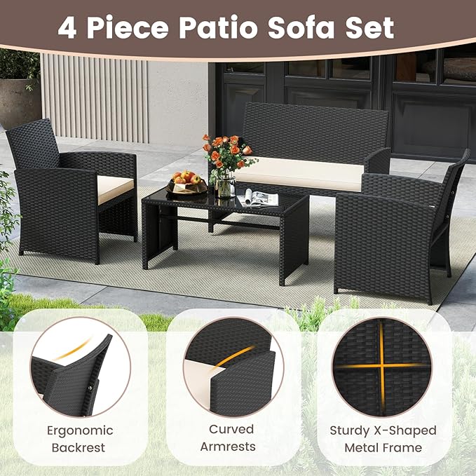 HAPPYGRILL 4 Piece Rattan Wicker Patio Conversation Set, Outdoor Furniture with Chair Loveseat Table & Cushion, for Backyard Porch Balcony (2, Black & Off White)