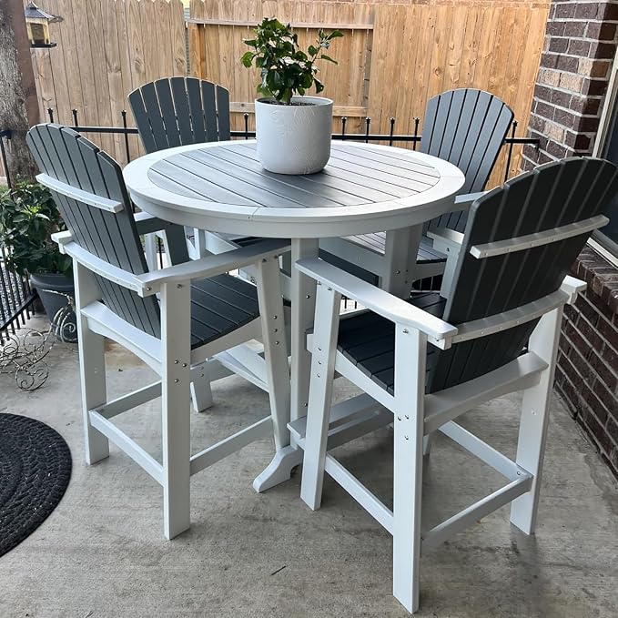 JUSTONE 5 Pcs Outdoor Patio Bar Stools Set, 4 Bar Stools and Table with Umbrella Hole, All-Weather Patio Bistro Set,Outdoor Bistro Set for Lawn Garden, Balcony,HDPE Material (5-Pcs, Grey and White)