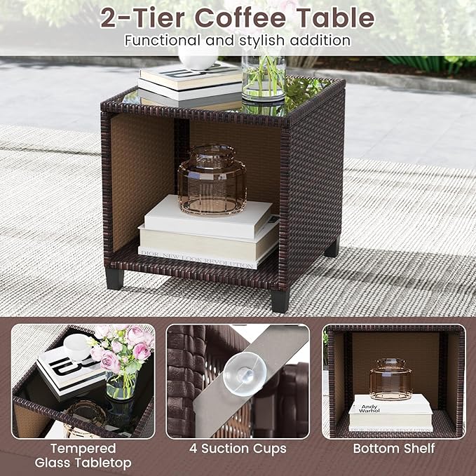 HAPPYGRILL 3 Pieces Patio Conversation Set, Outdoor Rattan Wicker Chairs & Coffee Table Set w/Cushions & Tempered Glass Tabletop, Porch Sofa Set for Backyard, Poolside