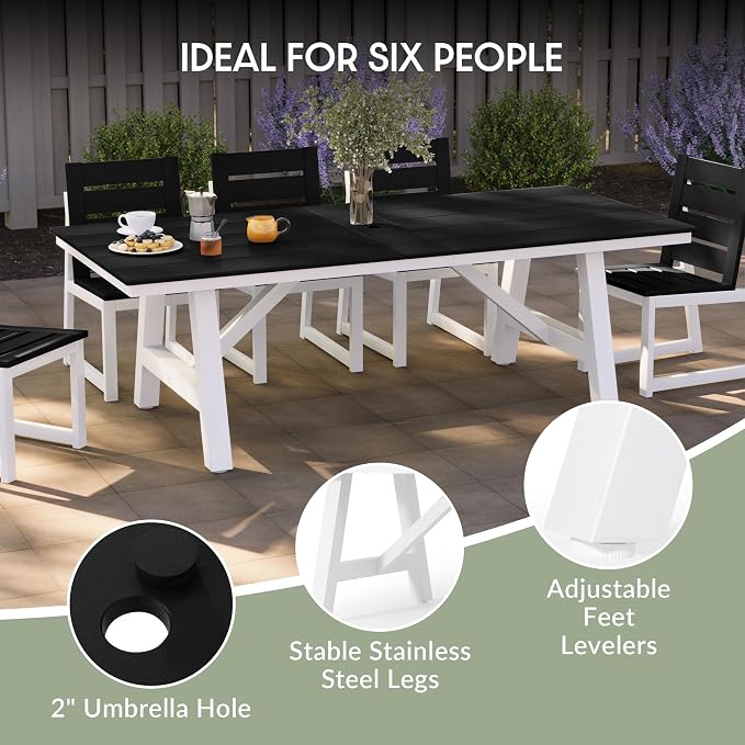 WestinTrends Cape May 90" HDPE Rectangle Outdoor Patio Dining Table with Umbrella Hole and Metal Frame, Black