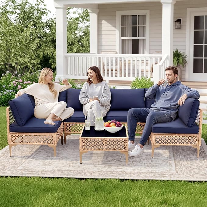 7 Piece Patio Furniture Set, Outdoor Sectional Wicker Conversation Set with Water Resistant Thick Cushions & Coffee Table for Poolside, Backyard, Garden, Yard, Natural/Blue