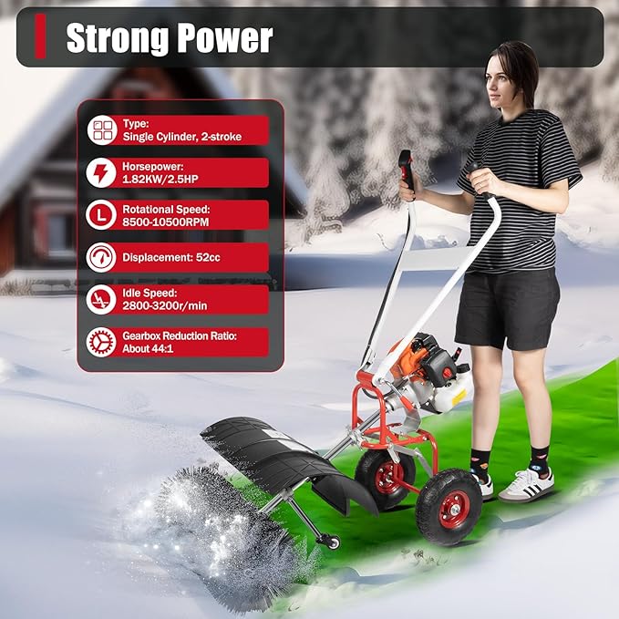 2 Stroke 2.5HP Gasoline Sweeper, Gas Power Broom Hand Held Snow Sweeper Machine Cleaning Brush Machine for Artificial Turf Park Garden Driveway