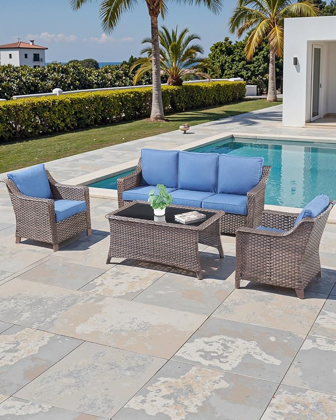 Patio Coffee Table for Outdoor Furniture Set - Easily Clean Wicker Side Tables with Smooth Black Tempered Glass Tabletop for Outside Wicker Rocking Swivel Chairs in Porch Deck Yard - Brown