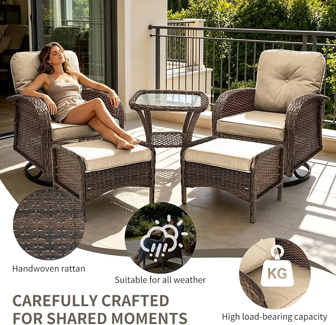 Outdoor Swivel Rocker Patio Chairs (Brown Wicker/Khaki Cushion, 5PC/Swivel & Side Table & Ottomans)