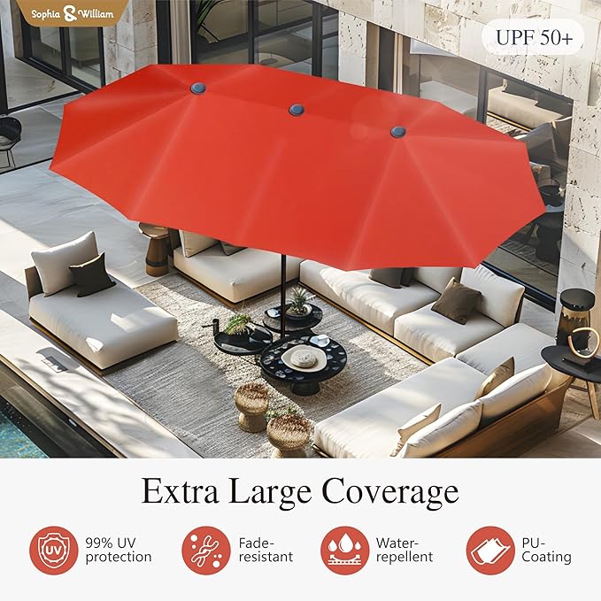 Sophia & William 13ft Outdoor Patio Umbrella for Table, Large Double-sided Umbrella for Garden, Deck, Pool, Orange Red