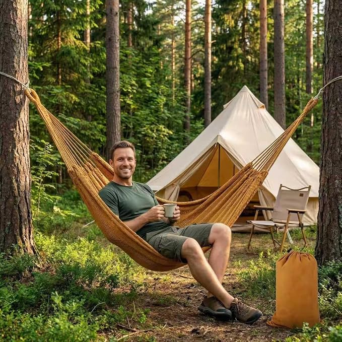 WjrnlfdHammock 79 * 59in550lbs 2Person Cotton Rope Outdoor Camping Backyard | 550lbs double hammock, handwoven cotton rope, breathable mesh, easy setup, perfect for backyard, camping & beach. 3 colors!
