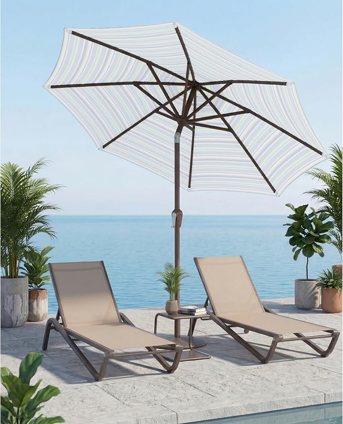 10FT Patio Umbrella, Outdoor Umbrella with Push Button Tilt and Crank, 8 Sturdy Ribs, UV Protection & Waterproof Market Umbrella for Pool, Backyard, Beach,Deck (Blue Green Stripes)