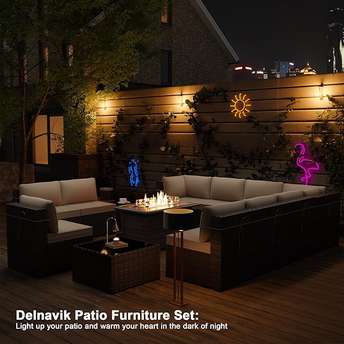 Patio Furniture Set with Fire Pit Table 13-Pieces Outdoor Sectional Furniture Outdoor Rattan Patio Conversation Sets with 43in Propane Gas Fire Pit Table and Glass Table, Sand