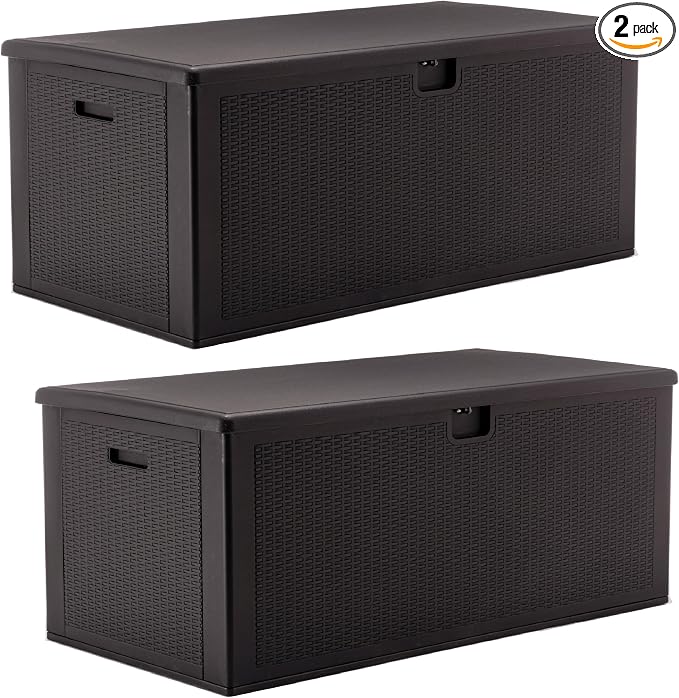 BTExpert Set of 2, 150 Gallon Extra Large Deck Box Outdoor Storage Container for Patio Furniture Cushions Garden Tools Pool Supplies Sports Equipment Waterproof Lockable Steel Rod Metal insert