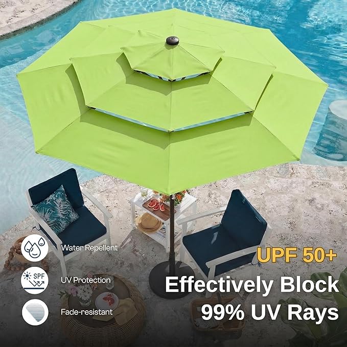 10ft 3 Tier Patio Umbrella, Outdoor Market Table Umbrella with UPF 50+ Vented Canopy, 8 Sturdy Ribs, Easy Push Button Tilt and Crank, Windproof for Deck, Pool, Backyard and Garden