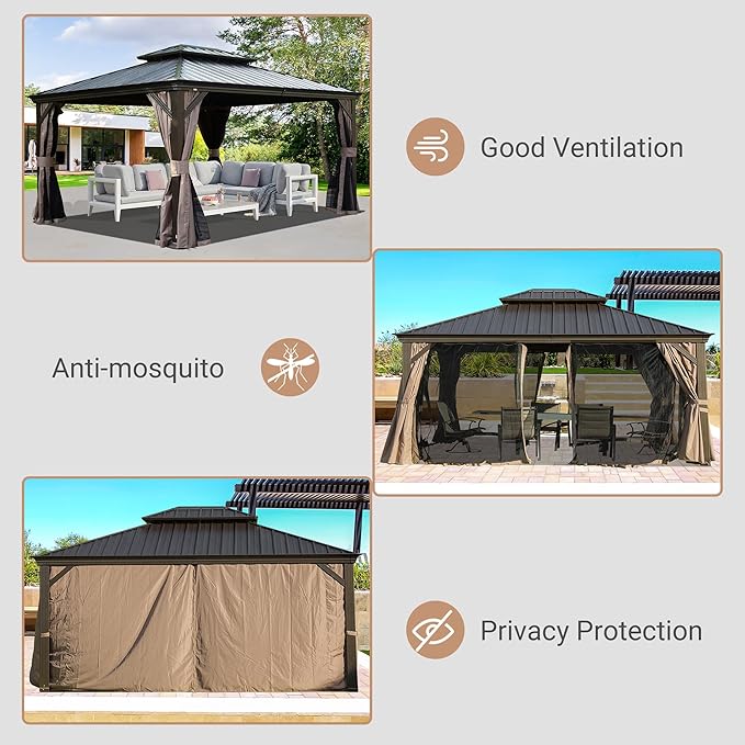 Domi 10' X 14' Hardtop Gazebo, Upgraded Metal Gazebo with Drainage System, Dual-Layer Galvanized Steel Roof, Curtain and Netting, Outdoor Shelter Canopy for Patio, Garden, and Backyard, Brown