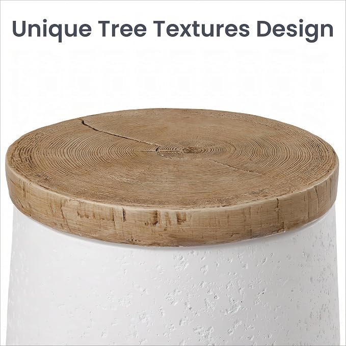 HOMPUS Outdoor Side Table, Concrete End Table Cylinder Shaped w Wood Grain Top, Small Round Outdoor Garden Stand for Patio, White
