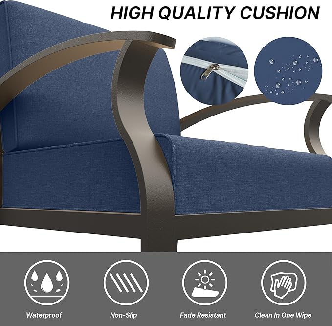 Gotland Aluminum Patio Furniture Set, Metal Outdoor Furniture with 2 Ottomans 5.1’’ High-Resilience Seat Cushions, 5 Piece Patio Set, Oversized Outdoor Sectional Patio Conversation Sets, Navy