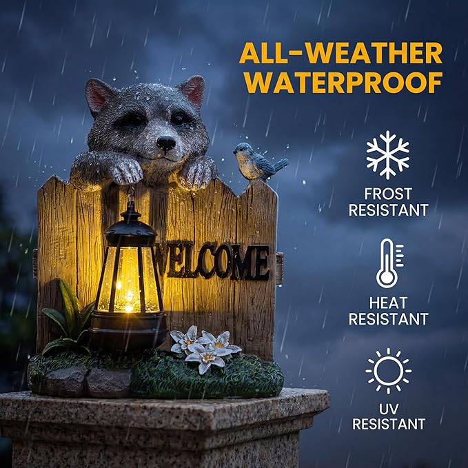 Solar LED Garden Statue with Raccoon and Welcome Sign, Outdoor Decorative Lantern with Bird and Flowers for Porch, Patio or Yard