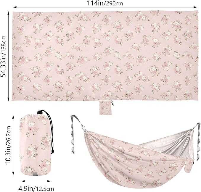 Camping Hammock Outdoor Hammocks for Outside Pink Floral Vintage Beach Trees Portable Lightweight with Pockets Tree Straps Indoor