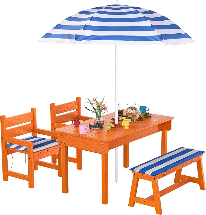 BRINJOY Kids Picnic Table, 4-in-1 Outdoor Wooden Table & Chair Set w/Umbrella & 2 Removable Boxes, Children Sand and Water Activity Table w/Cushioned Bench for Patio, Garden, Backyard