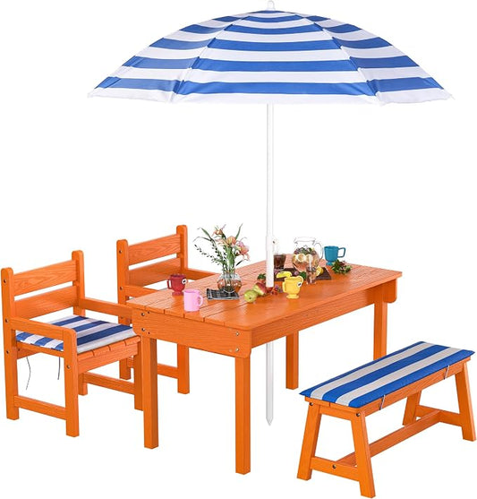 BRINJOY Kids Picnic Table, 4-in-1 Outdoor Wooden Table & Chair Set w/Umbrella & 2 Removable Boxes, Children Sand and Water Activity Table w/Cushioned Bench for Patio, Garden, Backyard