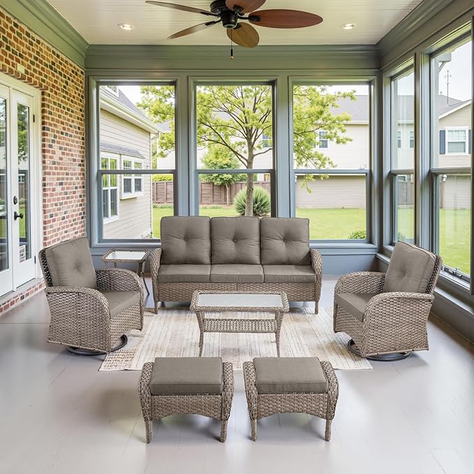 Belord Wicker Outdoor Furniture Set - 7 Piece Patio Conversation Sets with Comfort Swivel Rocker Glider Patio Chairs Set of 2 and Rattan Sofa, Tempered Glass Coffee Table and Side Table,Gray/Gray
