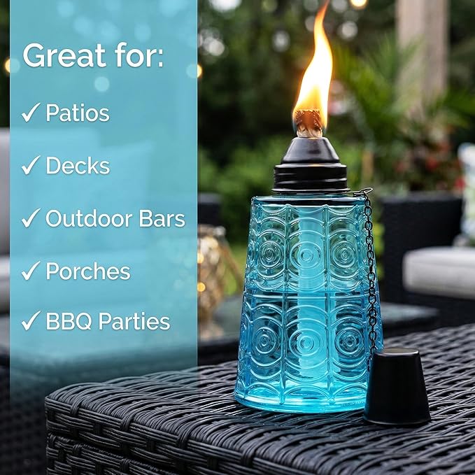 Seraphic Citronella Table Top Torches for Outdoor Patio, 16oz Decorative Glass Torch Citronella Candles for Outside Deck, Garden, Parties, Set of 3, Blue