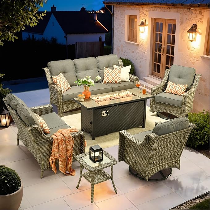 HOOOWOOO Patio Furniture Set,6 Pieces Wicker Outdoor Furniture,High Back Conversation Set with All Weather Resistant Fire Pit Table Couch Swivel Chairs,Dark Gray