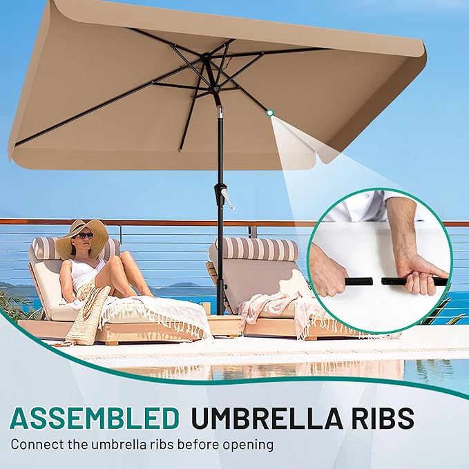 AreShark 6.5 x 10 FT Rectangular Valance Patio Umbrella, Outdoor Umbrella with Tilt and Crank, Market Table Umbrellas W/ 6 Ribs UV Protection for Garden, Deck, Backyard and Pool, Beige