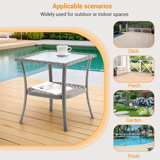 18'' Outdoor Side Table with Tempered Glass Top, Rattan Side Table with Storage, Square Wicker End Coffee Table for Patio Outside Balcony Porch Deck, Grey