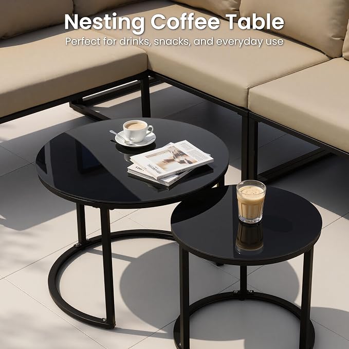 7-Piece L-Shaped Outdoor Sectional Sofa Set with Nesting Table | Hand-Woven PE Wicker, All-Weather Steel Frame, 4.3-Inch Thick Removable Cushions, Glass Coffee Table, Patio Conversation Set