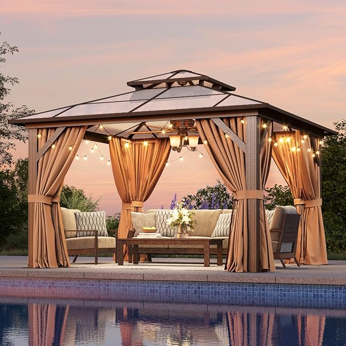 Aoxun 12'x12' Hardtop Gazebo, Outdoor Metal Gazebo with Double Polycarbonate Roof Canopy, Permanent Pavilion with Netting and Curtains for Lawn, Garden, Patio (Khaki)