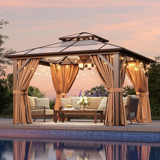Aoxun 12'x12' Hardtop Gazebo, Outdoor Metal Gazebo with Double Polycarbonate Roof Canopy, Permanent Pavilion with Netting and Curtains for Lawn, Garden, Patio (Khaki)