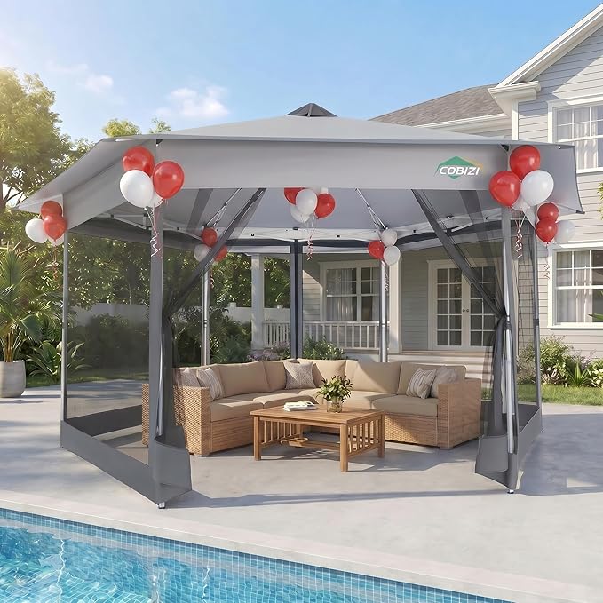 COBIZI 16x16 Pop Up Gazebo Tent with Mosquito Netting, Gazebos on Clearance, Hexagonal Outdoor Canopy Shelter, Patented Center Lock 6-Sided Portable Gazebos, Pop Up Canopy Tent for Backyard, White