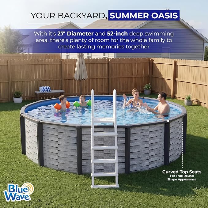 Blue Wave Affinity 27-ft Round 52-in Deep Hard Sided Above Ground Pool with Resin Top Seats & Verticals, 1.5 HP Dual-Speed Sand Filter System, Ladder, Liner, Skimmer & Maintenance Kit – 16,200 Gal Cap