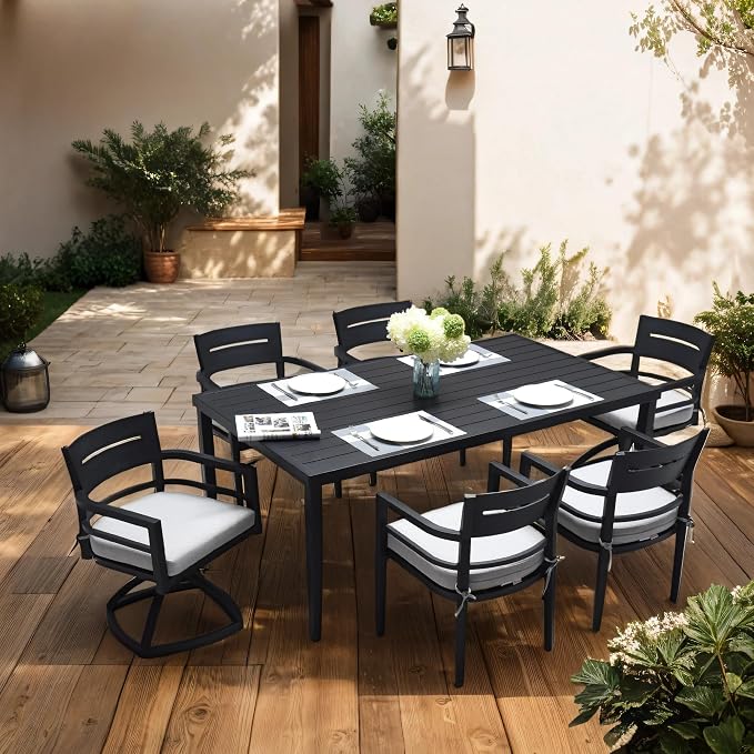 70” Patio Aluminum Dining Table, Outdoor Rectangle Dining Table with Tapered Feet & Umbrella Hole, All-Weather Modern Aluminum Table for Garden Backyard Bistro,Ember Black