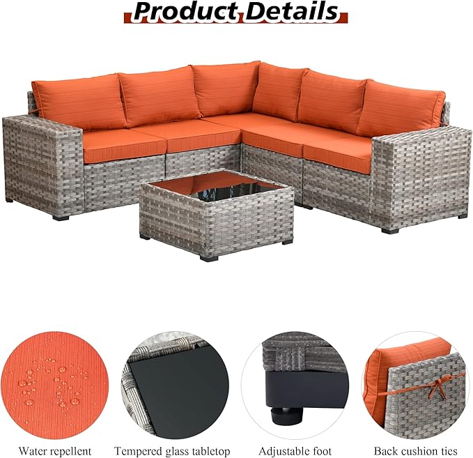 HOOOWOOO Outdoor Patio Sectional Furniture Sofa Set with Widened Armrest,6 Piece Small Modern Wicker Couch,Modular L Shaped Conversation Seating Set with Table for Out Door Garden Corner(Orange Red)
