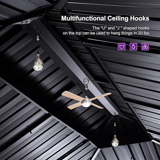 PURPLE LEAF 12' X 14' Outdoor Hardtop Gazebo for Patio Galvanized Steel Double Roof Permanent Canopy Teak Finish Coated Aluminum Frame Pavilion Gazebo with Netting and Lights
