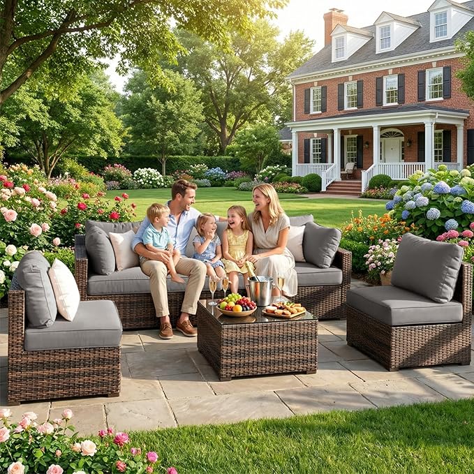 Grezone Patio Furniture Set 7 Piece Outdoor Wicker Sectional Sofa - All Weather High Backrest PE Rattan Couch Conversation Set with Cushion & Glass Top Table for Backyard Deck Porch, (Grey)