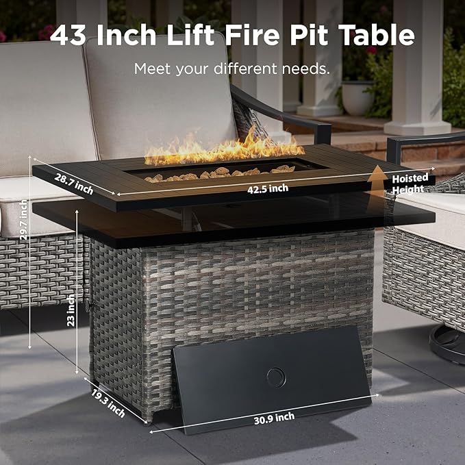 Patio Furniture Set with 42.5" Fire Pit Table-8 Pieces All Weather Wicker Outdoor Furniture with High Back Swivel Patio Chairs Set of 4 Outdoor Patio Conversation for Deck Garden Beige/Gray