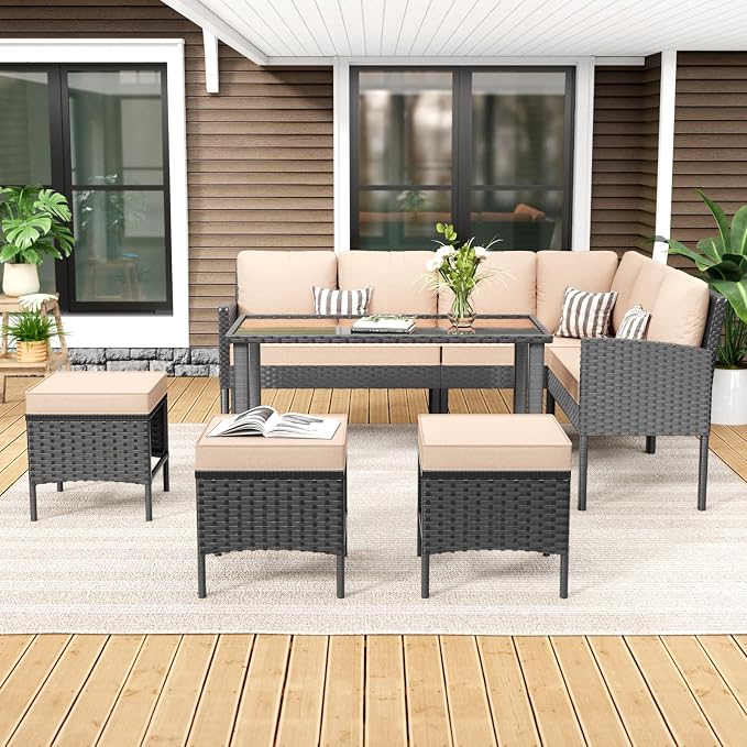 7-Piece Patio Furniture Set with Cushions and Pillows, Outdoor Wicker Sectional Sofa with Long Glass Coffee Table, All-Weather Conversation Set for Garden, Porch, Lawn, Khaki