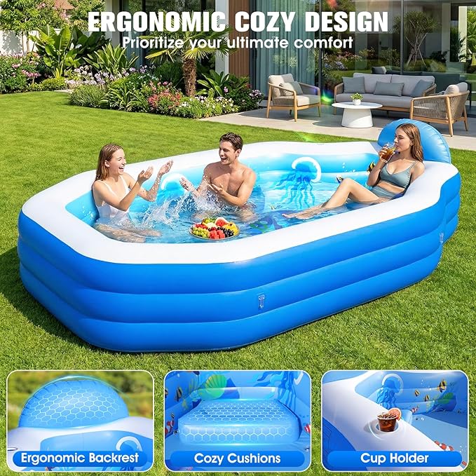 2026 Inflatable Pool with Canopy, Large Inflatable Pool for Kids,Adults, Blow Up Pools with Seats,Oversize Thickened 118"x75"x22"Inflatable Swimming Pools, Kids Pool for Backyard,Ocean Theme-Blue