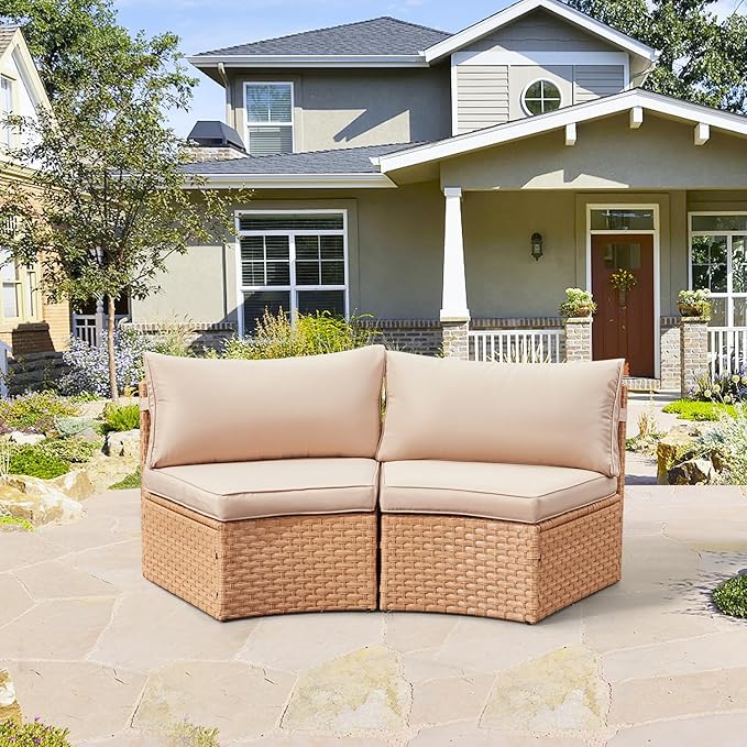 ECOTOUGE Patio Conversation Set, 2 Piece Half-Moon Sectional Round Patio Furniture Set, Wicker Sofa for Pool Backyard Patio Garden(Khaki)
