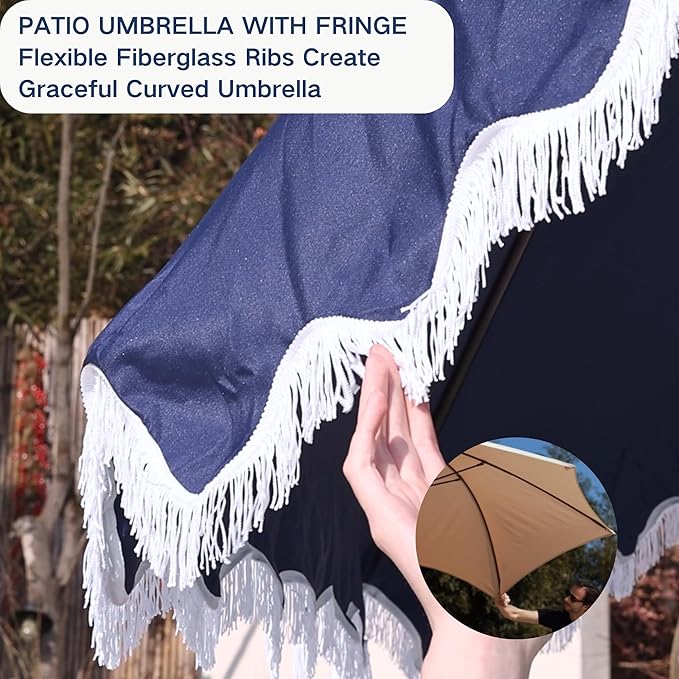 Patiokingdom 9FT Patio Umbrella with Fringe,Tassel Umbrella UPF 50+ & Push-Button Tilt,Rust-Resistant Fiberglass Frame for Pool,Garden,Backyard,Yard (Navy)
