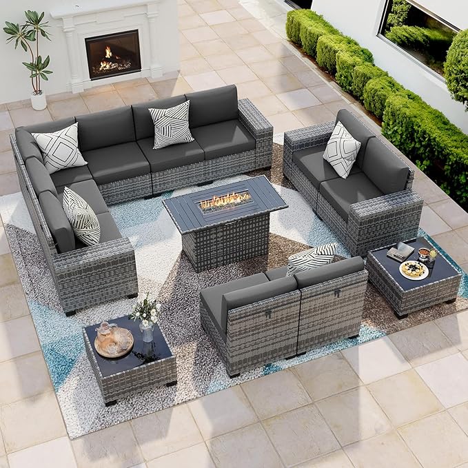 13 Piece Patio Furniture Set with Fire Pit Table, Outdoor Conversation Sets Grey Wicker Rattan Sectional Sofa, 4'' Thickened Cushion Dark Grey