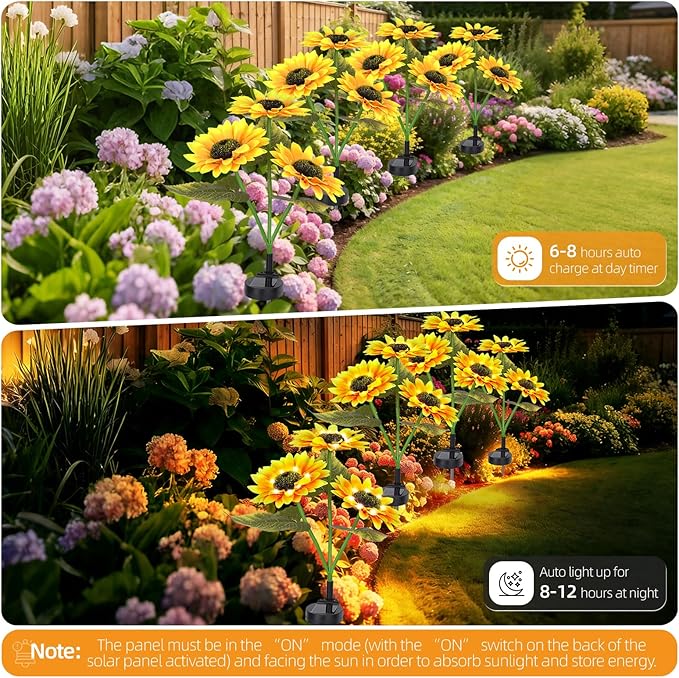 Solar Path Lights Outdoor 4 Pack, LED Flower & Sunflower Decor, Waterproof Auto On/Off, Bigger Solar Panel for Yard, Patio, Garden Walkway Decoration Gift for Mom (Yellow)