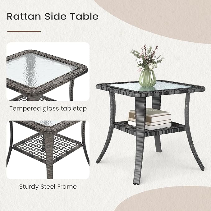 Kromax Outdoor Patio Furniture Set, All-Weather Wicker Swivel Glider Chairs Set of 2 with Coffee Table Table & Thick Machine Washable Cushions for Backyard, Garden, Porch, Grey/Blue