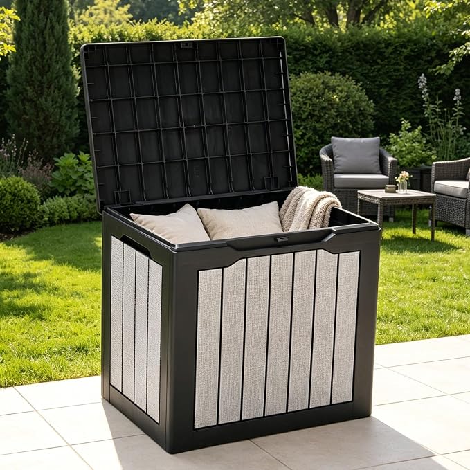 30 Gallon Resin Deck Box, Waterproof Outdoor Storage Box for Patio Furniture, Garden Tools & Pool Toys, Large Capacity -Wall Resin Construction, Dual Use as Patio Bench Seat, Black & Gray