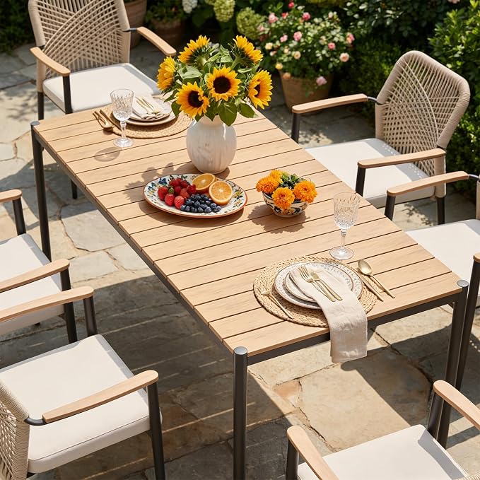 SUNSITT 70’’ Metal Outdoor Patio Dining Table, Weather-Resistant Large Outdoor Rectangle Table/WPC Tabletop & Adjustable Feet for 6-8 Person Porch Deck Garden, Black