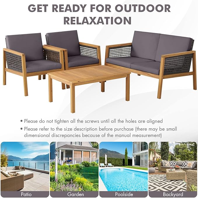 HAPPYGRILL 4 Pieces Patio Conversation Set Acacia Wood Furniture Set with Coffee Table, PE Rattan Wicker Sofa Set with Soft Cushions for Outdoor Garden Deck Poolside