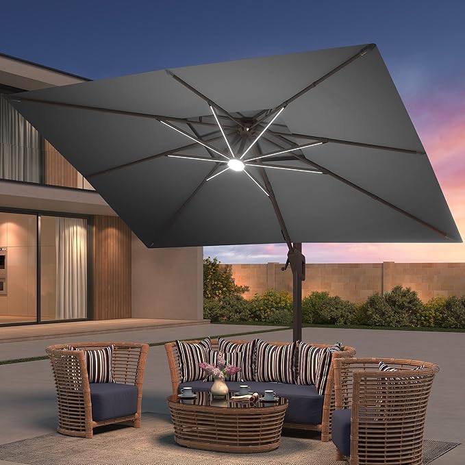9x12 FT Patio Umbrella with Weighted Base and LED Lights Cantilever Outdoor Large Heavy Duty Rectangle Aluminum Offset Umbrellas Double Top 360 Rotation for Pool Deck Garden, Grey